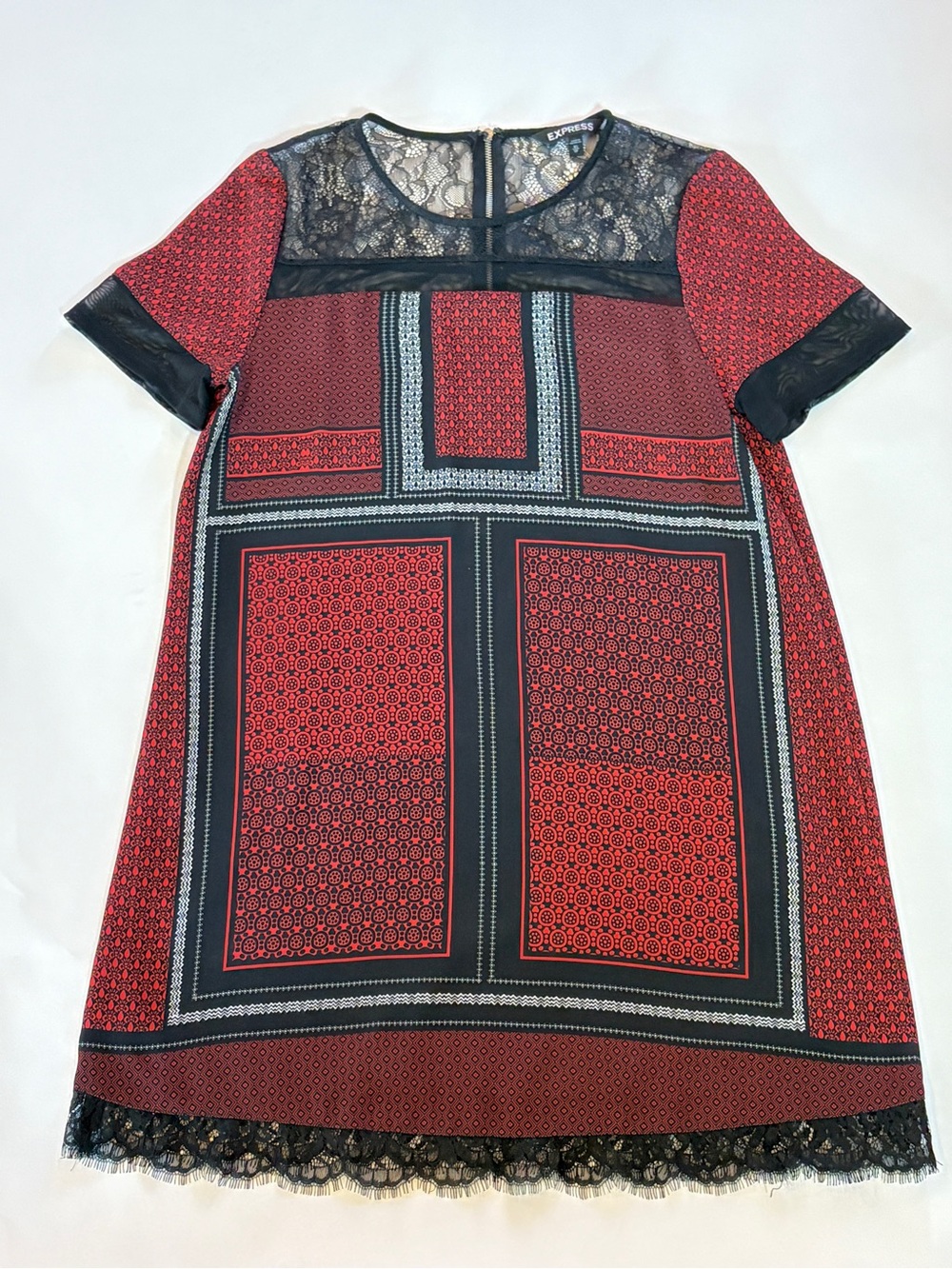Express Red and Black Lace Yoke Printed Shift Dress